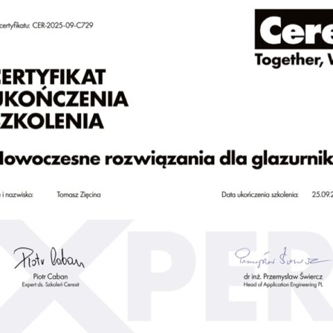 Certyfikat Ceresit dla "Max-Rem" Tomasza Zięciny za ukończenie szkolenia Nowoczesne rozwiązania dla glazurników